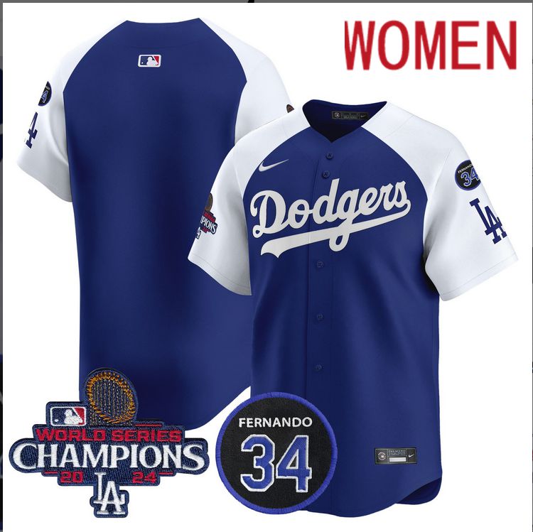 Women MLB Los Angeles Dodgers  blue white 2024 World Series Champions Patch Limited Jersey->women mlb jersey->Women Jersey